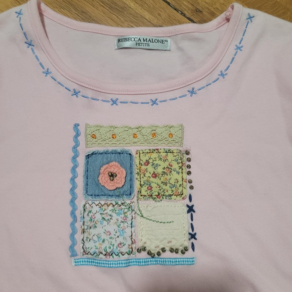 Cottagecore Pink Patchwork Embroidered Top Grandmacore Garden Party Sz S Vintage
